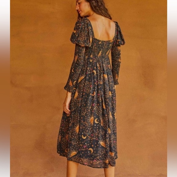 Farm Rio Leopard Sky Midi Dress w Smocked Bodice & Puffed Sleeve w MEASUREMENTS! - Picture 7 of 16